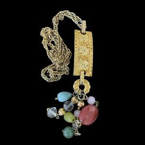 Vintage Signed AAI Pendant Fancy Necklace Gold Tone Stone Glass Dangle Beads